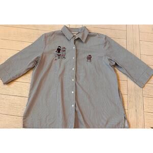 Allison Daley button down striped top w/ embroidered lady and her shoes. Size 18